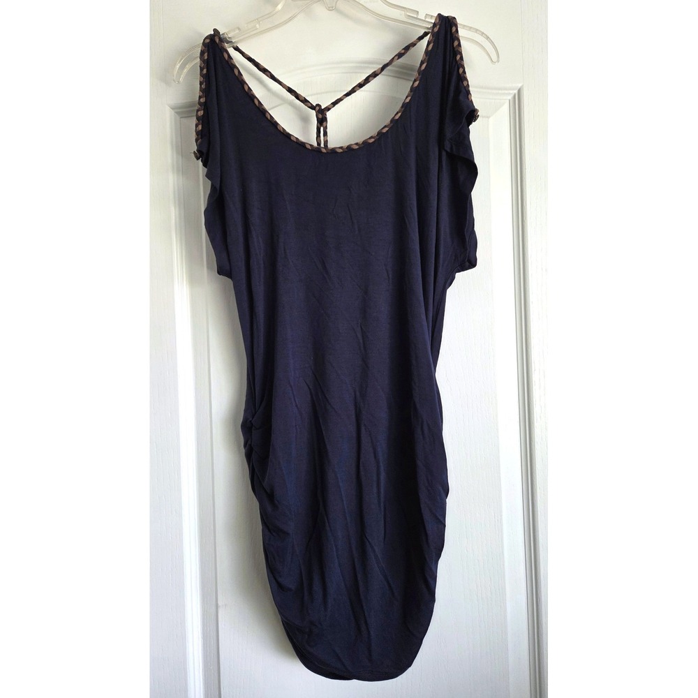 Soul Revival Navy Blue Braided T-Back Tie Ruched Mini Dress Tunic Women Sz‎ S